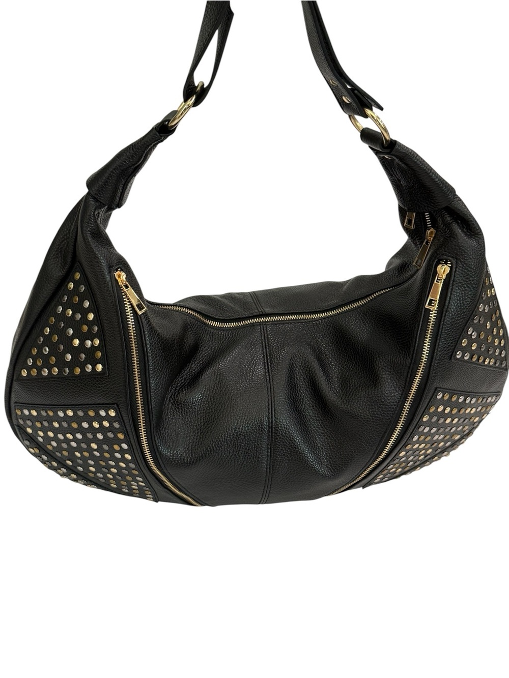 La Via Firenze Italian Premium 
Black Leather Studded Hobo Sling Bag.